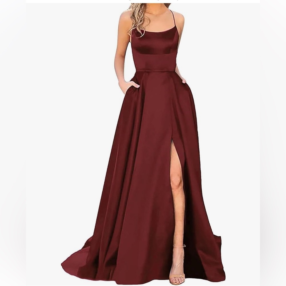 Backless Satin Long Party Prom Dress with Side Slit & pockets
